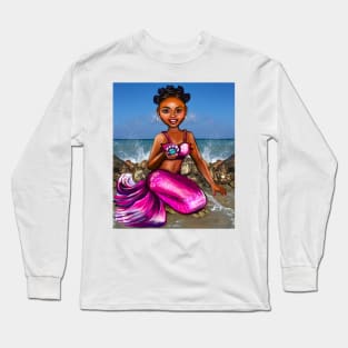 Mermaid Anime mermaid holding a rare black pearl #2 Afro hair in Bantu knots  and caramel brown skin - light background Long Sleeve T-Shirt